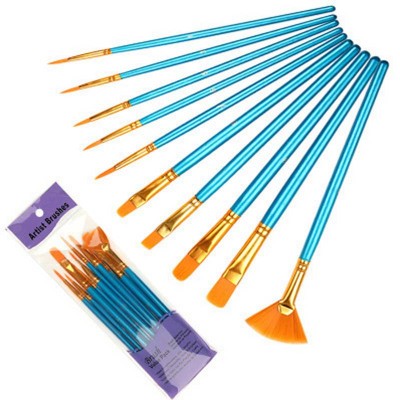 Custom Watercolor Gouache Brush Oil Painting Nylon Hair Wooden 10 Pieces Blue Purple Art Painting Brushes Set