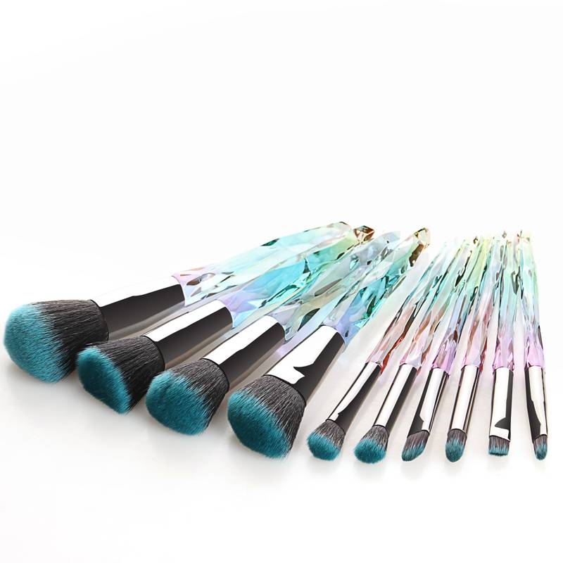 Custom Nylon Hair Transparent Crystal Holographic Rhinestone Wholesale Makeup Brush Set 10pcs Eyebrow Brush Foundation